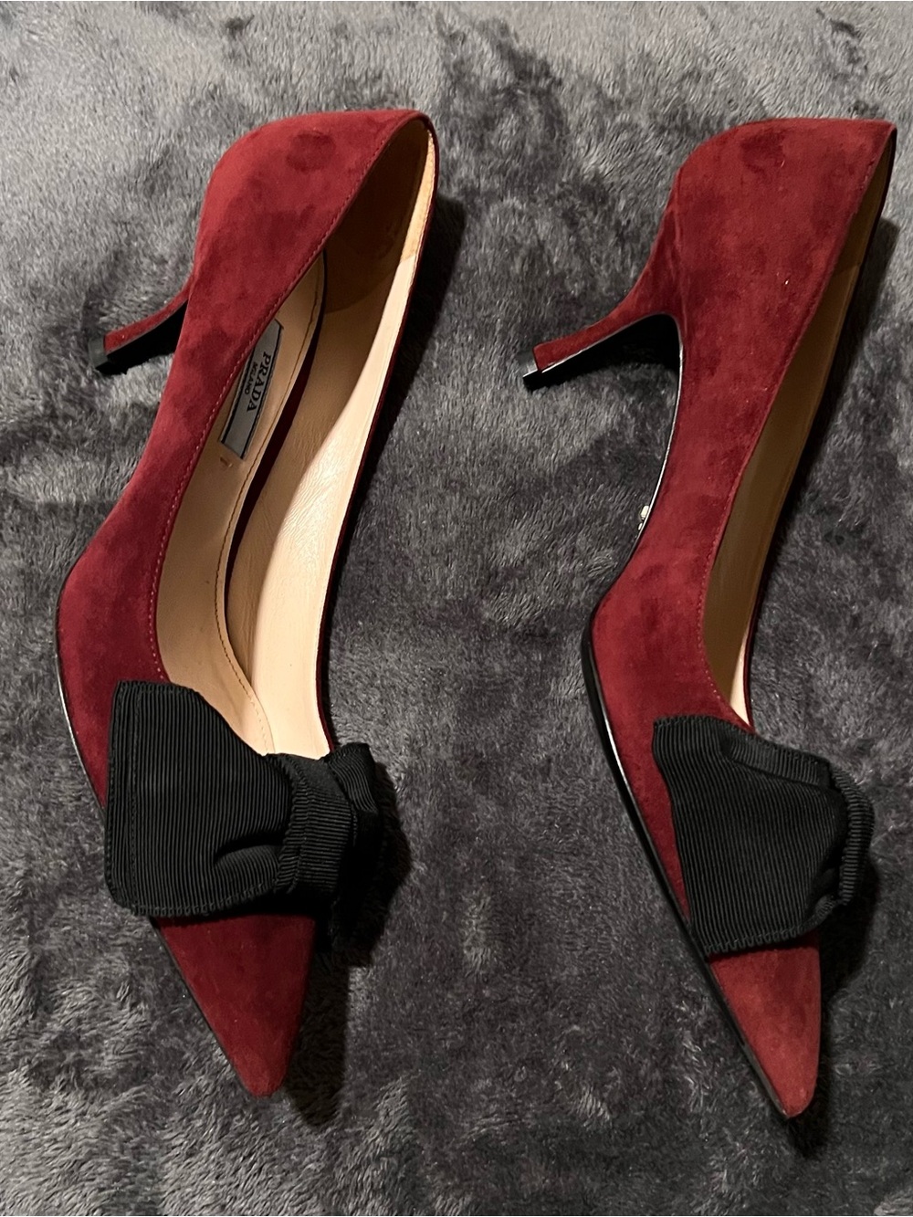 Prada Burgundy Suede Pointed Toe Pumps with Black Bow - Picture 3 of 5